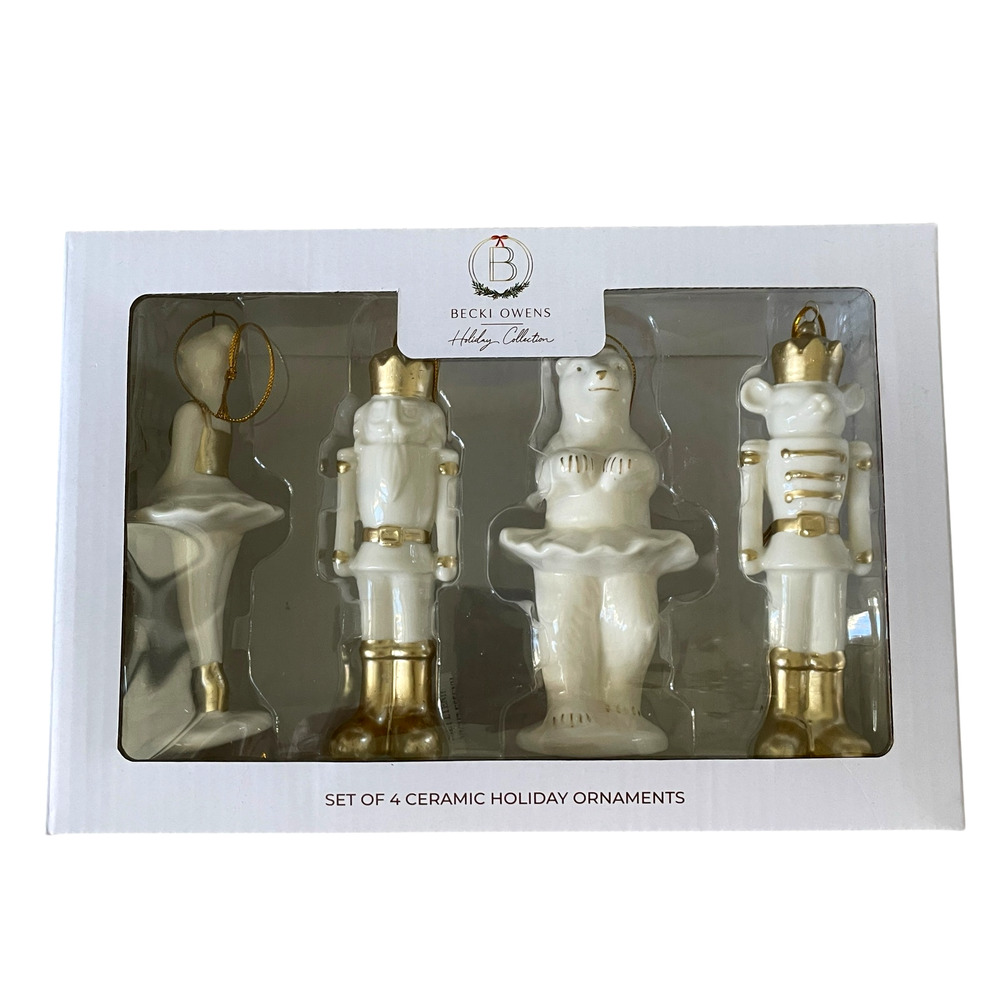 4pc Becky Owens NUTCRACKER BALLET Ceramic Christmas Ornaments 5" Gold & White